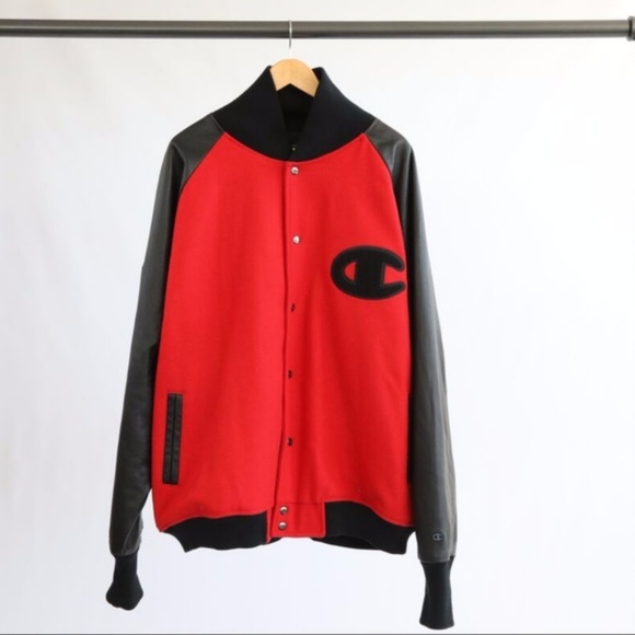 black and red champion letterman jacket